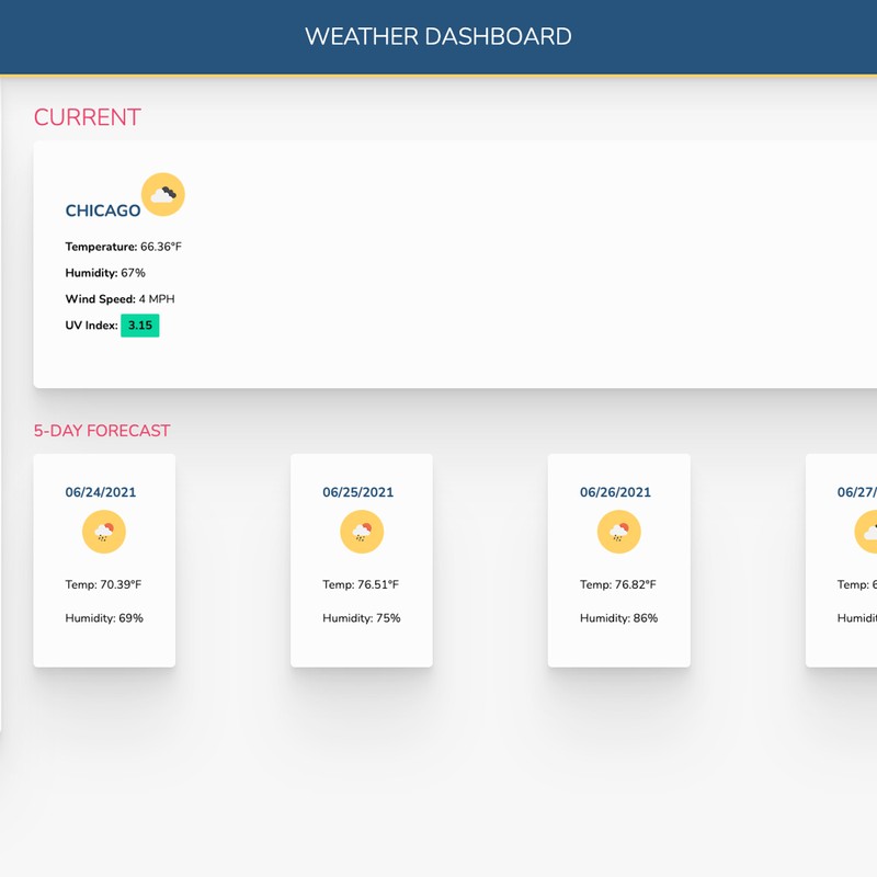 Front page of Weather Dashboard's website