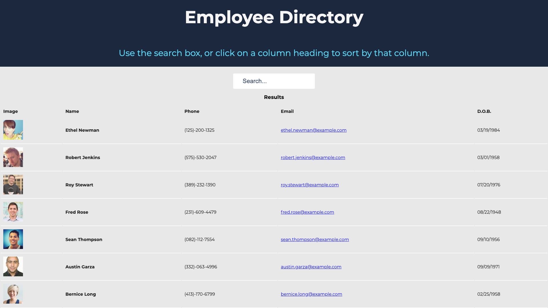 Front page of React Employee Directory's website