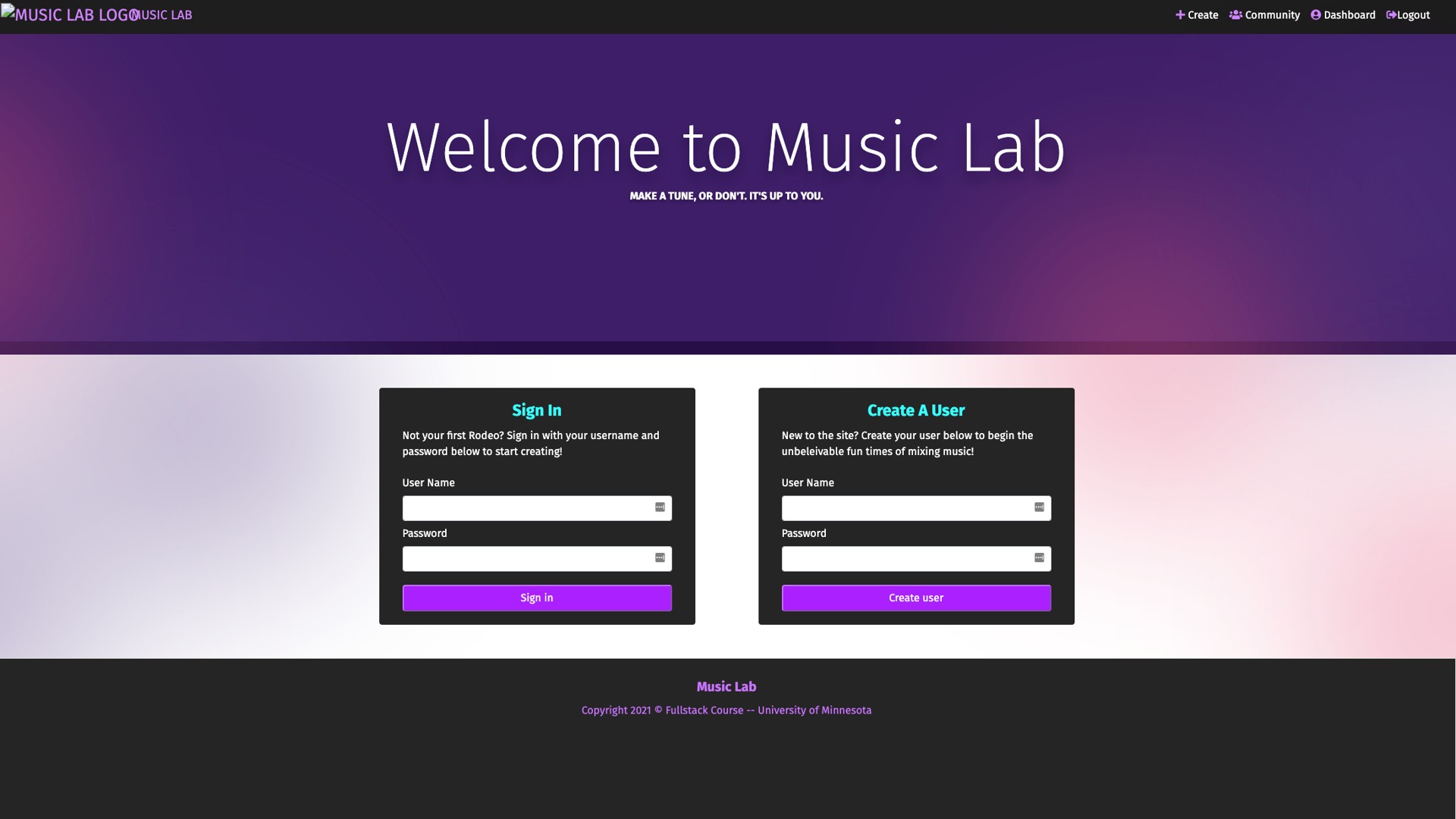 Front page of Music Lab's website
