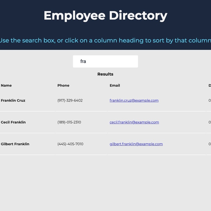 Front page of React Employee Directory's website