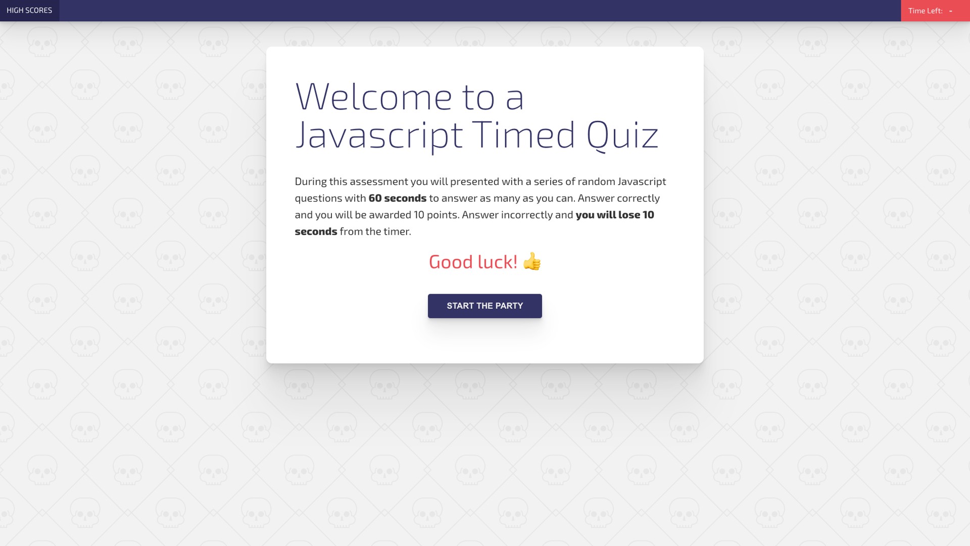 Front page of Javascript Quiz App's website